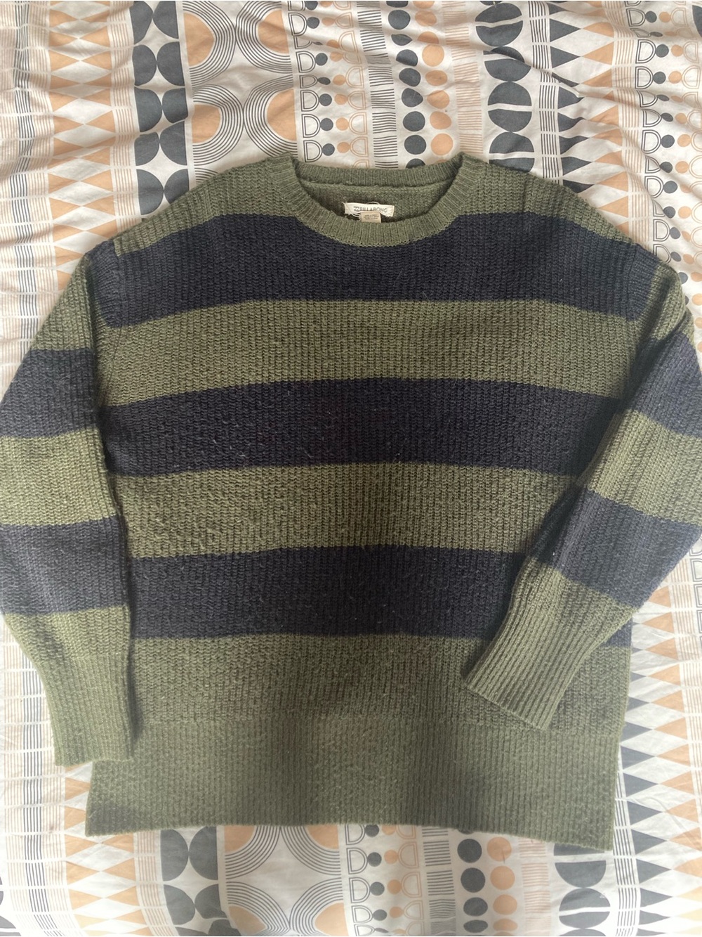 Billabong Olive Green and Black Striped Crewneck Sweater